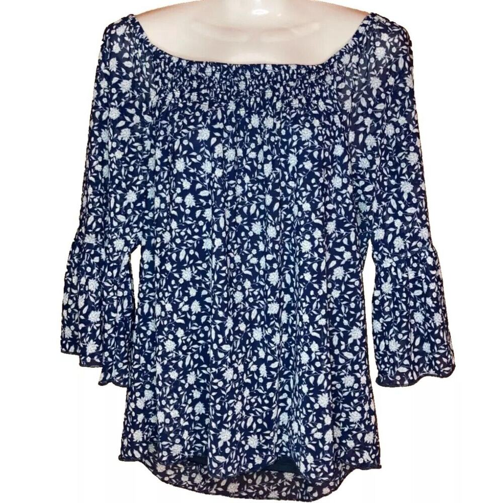 Joie De Vivre Womens Blue Peasant Boho Size 2x Blouse Off Shoulder 3/4 Bell Slv